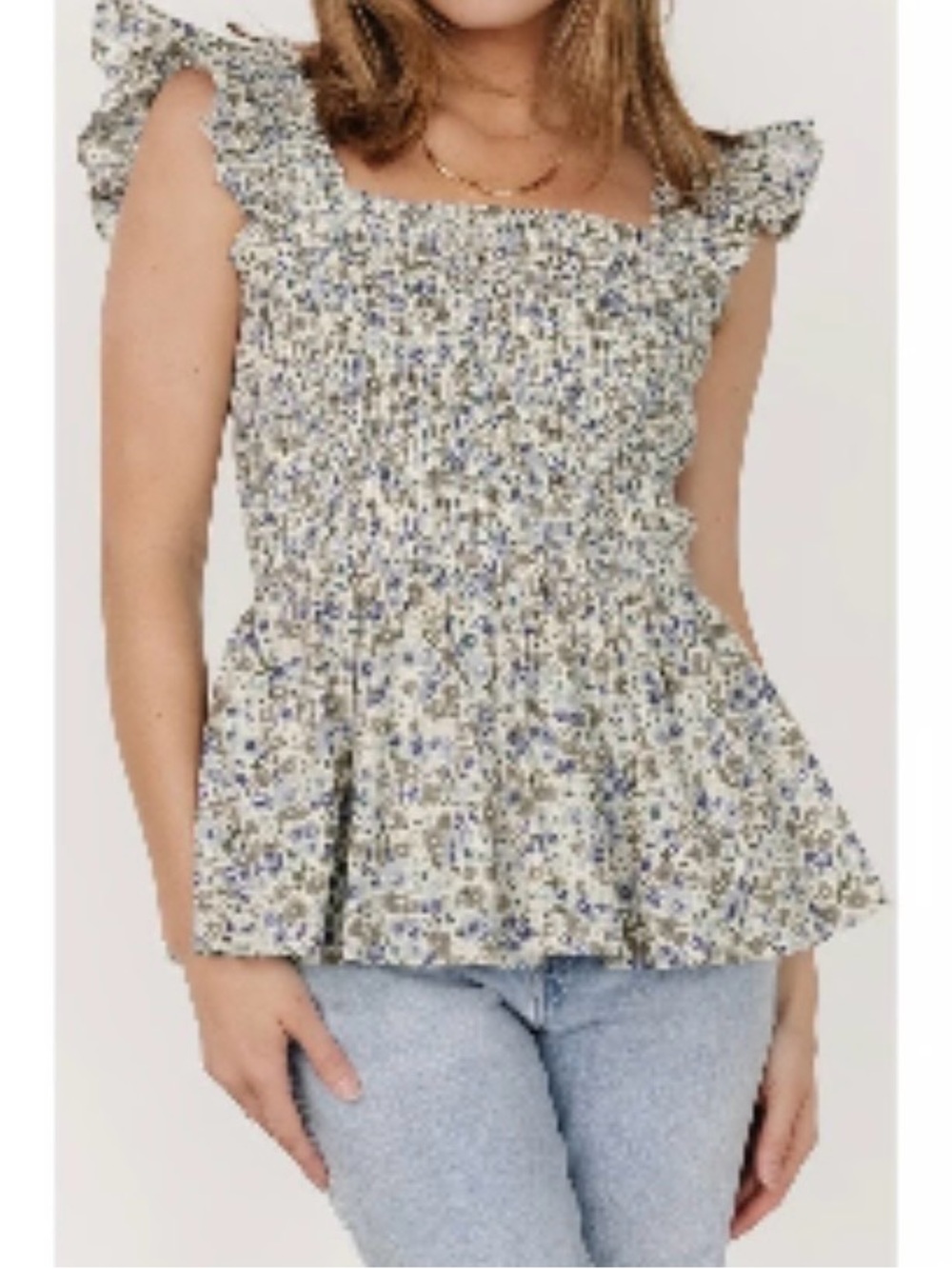 Baltic Born Blue and White Smocked Floral Peplum Tank